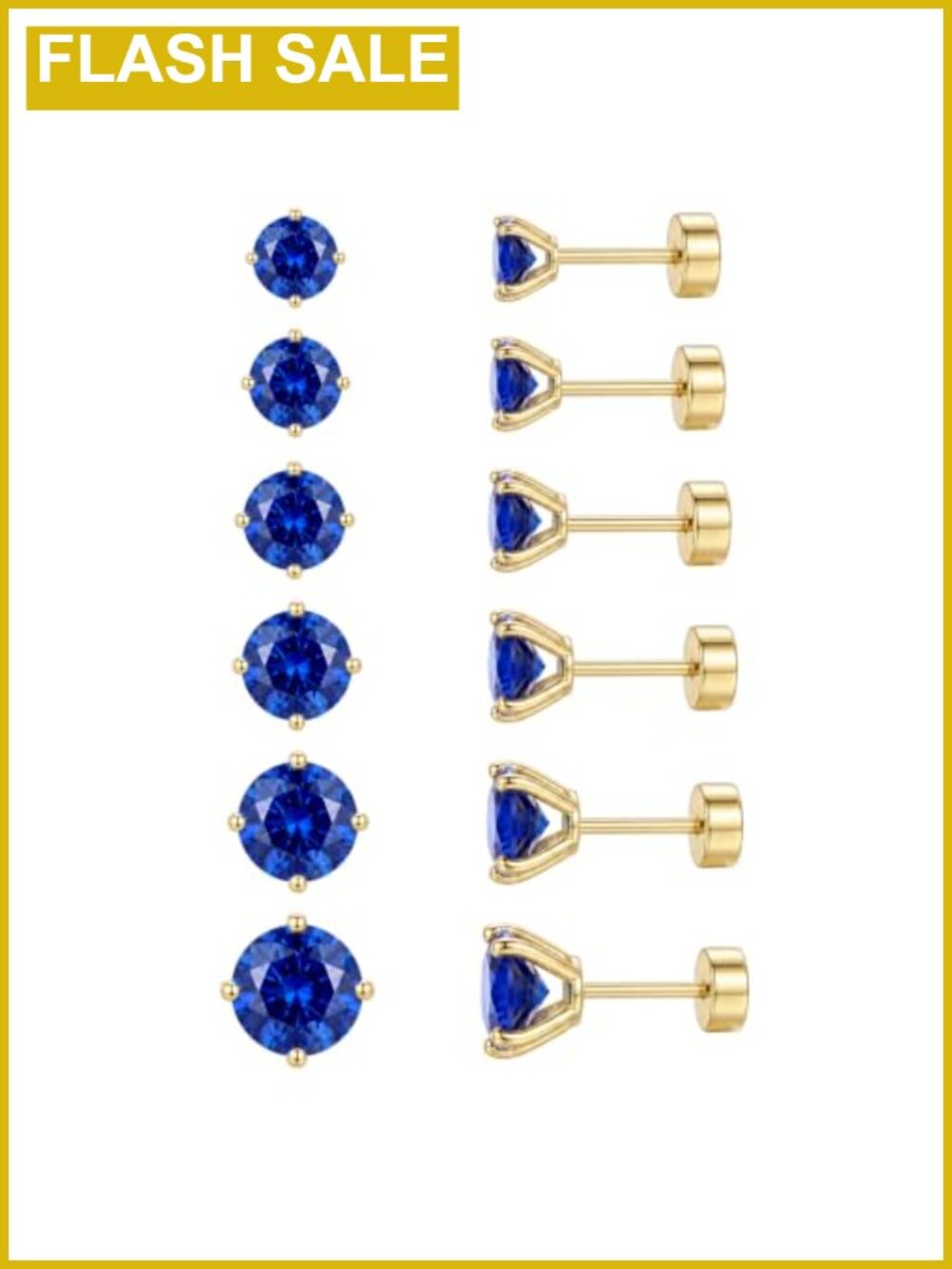 6 Pairs CZ Stud Earrings Set, 14K Gold Plated, Hypoallergenic